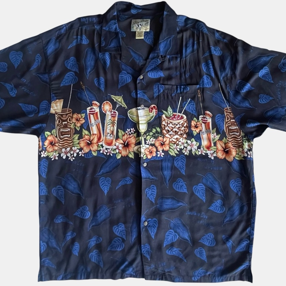 Big Dogs Hawaiian Shirt Mens 2X Navy Blue Cocktails Paradise Tiki Totem Pole Vtg